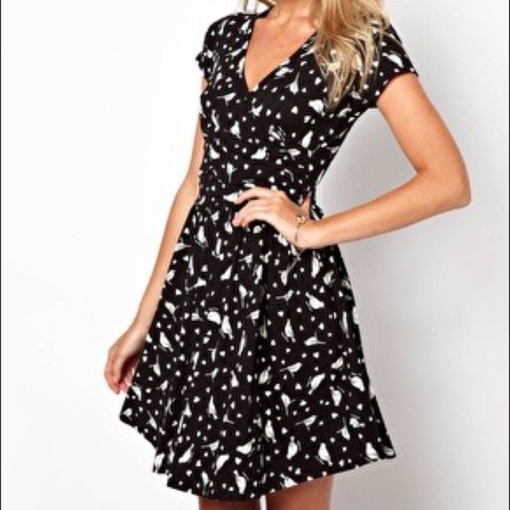 ASOS Skater Dress Wrap Front In Heart Bird Print